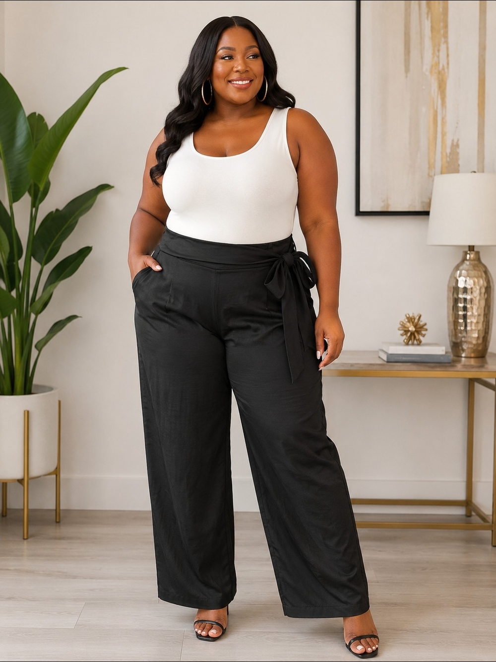 Eureka by Christos Garkinos Black Satin Side Tie Pants Plus Size 2X Wide Leg